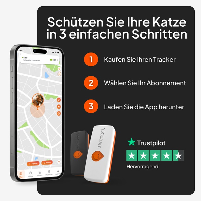 Drei Schritte zur Nutzung des Weenect XS GPS-Halsbands: Kauf, Abonnement, App, Tracker in Schwarz und Weiss erhaltlich, funf-Sterne-Trustpilot-Bewertung, exzellent