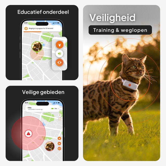 Functies van het zwarte Weenect XS halsband: geluids- en lichtsignaal om terug te roepen, veiligheidszones, en een kat die de tracker buiten draagt