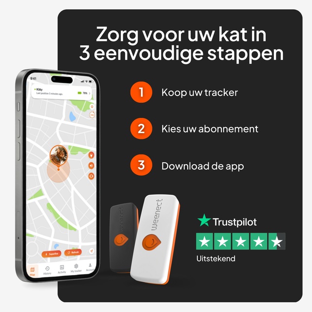 3 stappen om het Weenect XS GPS-halsband te gebruiken: aankoop, abonnement, app — tracker verkrijgbaar in zwart en wit, 5-sterren Trustpilot-beoordeling, uitstekend