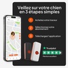 3 étapes pour utiliser le collier GPS Weenect XS : achat, abonnement, application — traceur disponible en noir et blanc, note Trustpilot 5 étoiles, mention excellent
