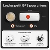 Dimensions du traceur Weenect XS comparées à une pièce de 2 euros, étanche, avec le contenu de la boîte : coque en silicone taille standard, coque en silicone grande taille, câble de chargement