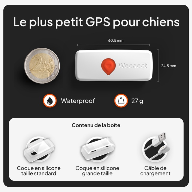 Dimensions du traceur Weenect XS comparées à une pièce de 2 euros, étanche, avec le contenu de la boîte : coque en silicone taille standard, coque en silicone grande taille, câble de chargement