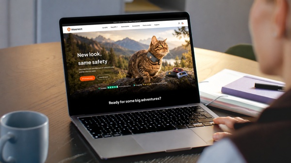 Ordinateur affichant Weenect et chat aventurier