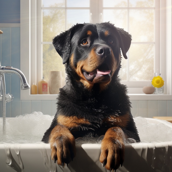 A wet Rottweiler taking a bath
