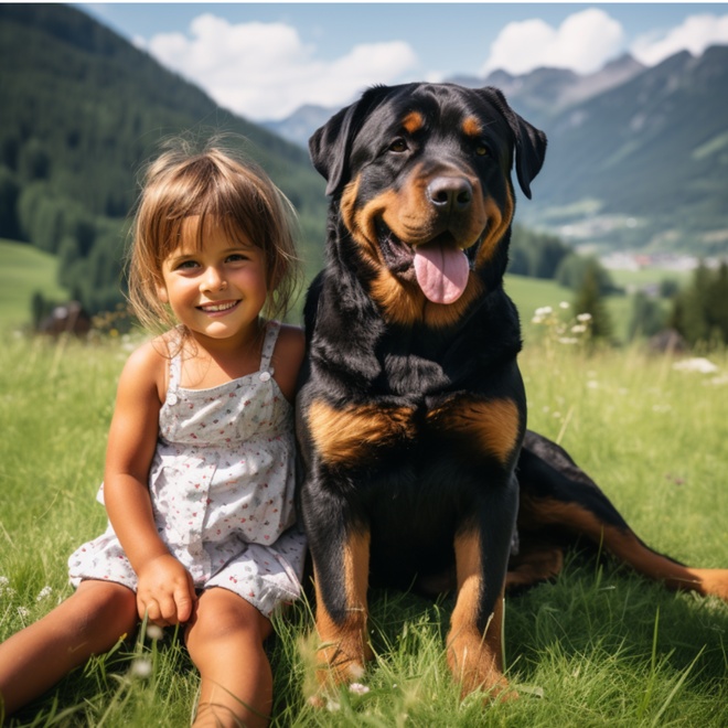 A Rottweiler sitting next to a little girl in the mountains