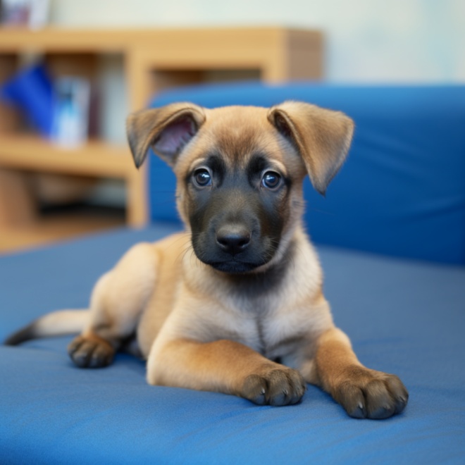 Un Malinois chiot dans un canapé bleu