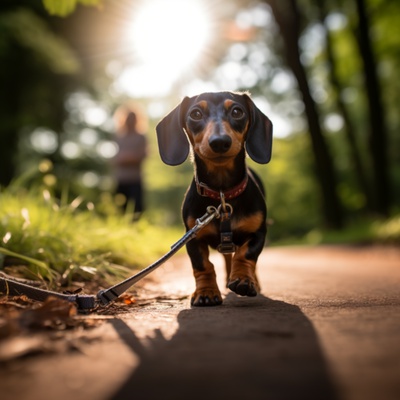 A Dachshund on a leash taking a walk