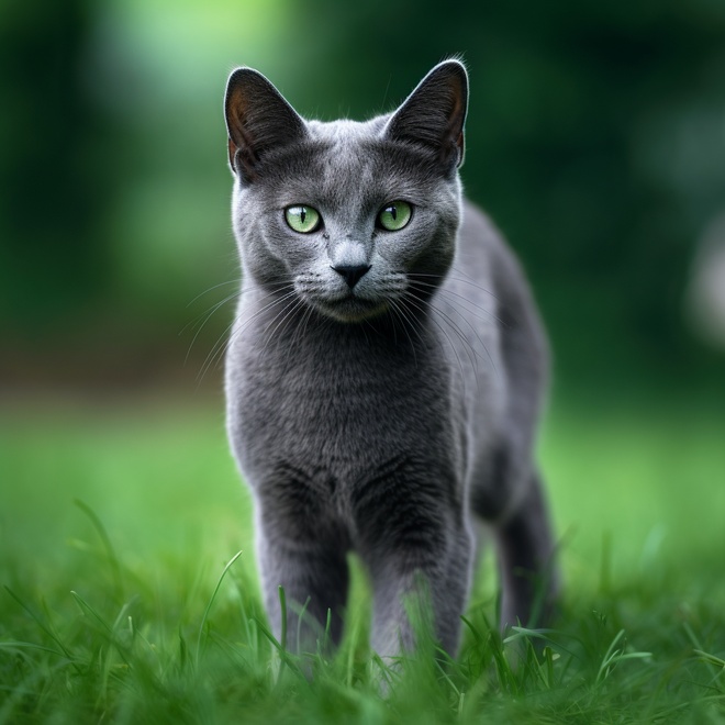 A Russian Blue in the grass