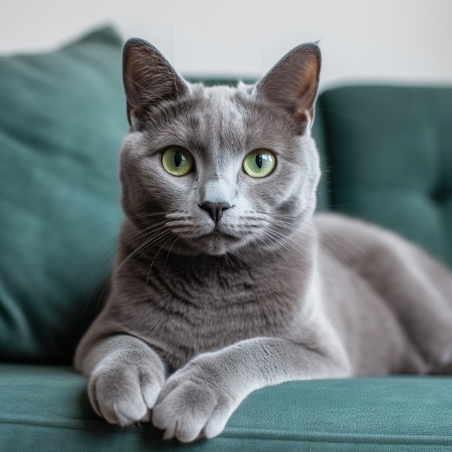 A Russian Blue lying on an green sofa