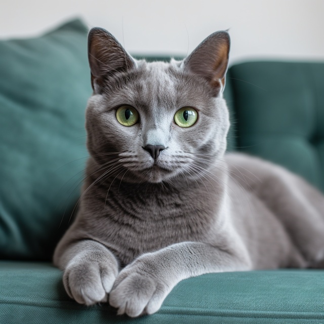 A Russian Blue lying on an green sofa