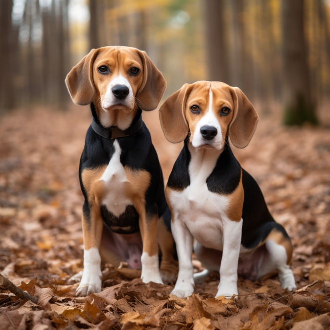 Two different colored beagles sitting on fallen leaves