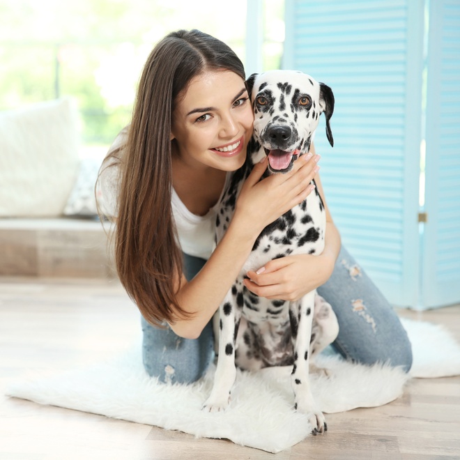 a Dalmatian in his owner's arms