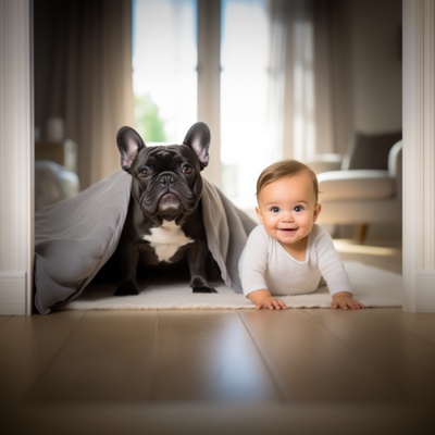 un bouledogue qui joue avec un bébé
