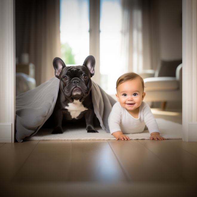 A Bulldog playing with a young child