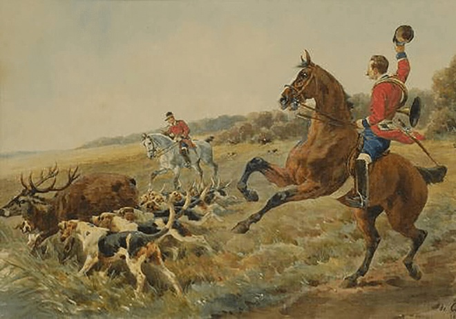 Vénerie du cerf, aquarelle