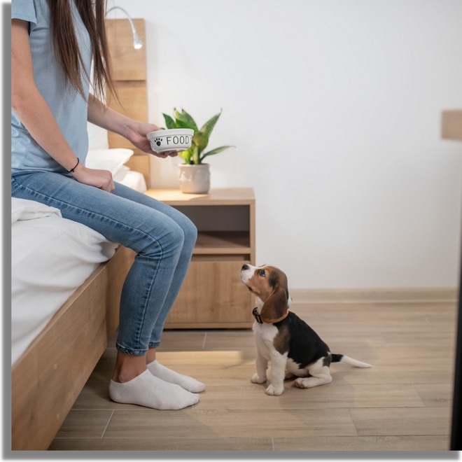 An owner teaching his dog to stay