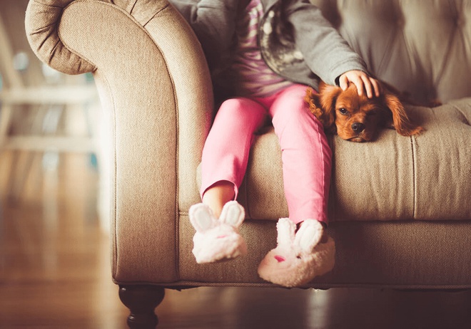 Petite fille assise avec son chien