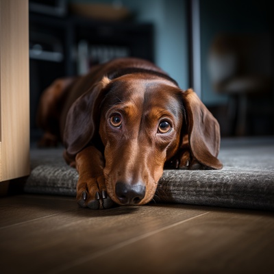 A Dachshund lying down looking up