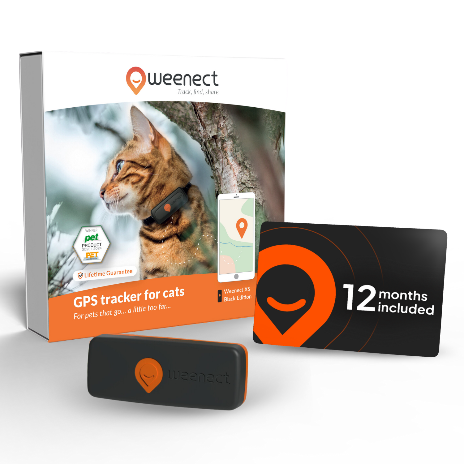 Weenect Black Xs Pack | Mini Gps Cat Collar - | 1 Year Subscription Included